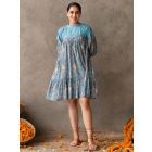 Blue Hand Block Printed Cotton Embroidered Dress