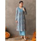 Blue Hand Block Printed Cotton Kurta with Pants- Set of 2