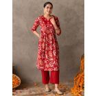 Red Hand Block Printed Cotton Kurta with Pants- Set of 2