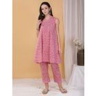 Pink Hand Block Printed Cotton Kurta with Pants - Set of 2