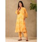 Yellow Hand Block Printed Cotton Kurta with Pants- Set of 2