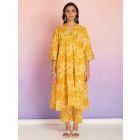 Yellow Hand Block Printed Cotton Kurta with Pants- Set of 2