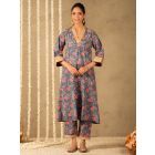 Blue Hand Block Printed Cotton Kurta with Pants - Set of 2