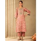 Pink Hand Block Printed Cotton Kurta with Pants - Set of 2
