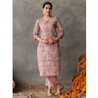 Peach Hand Block Printed Cotton Kurta with Pants- Set of 2