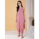 Pink Hand Block Printed Cotton Kurta with Pants - Set of 2