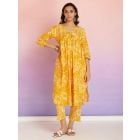 Yellow Hand Block Printed Cotton Kurta with Pants- Set of 2