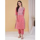 Pink Hand Block Printed Cotton Kurta with Pants - Set of 2