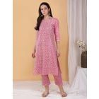 Pink Hand Block Printed Cotton Kurta with Pants - Set of 2