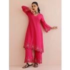 Pink Embroidered Cotton Kurta with Pants - Set of 2