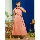 Peach Embroidered Poplin Dress with Belt