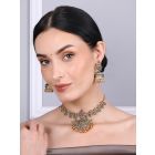 Gold Plated Green Handcrafted Brass Necklace with Earrings - Set of 2