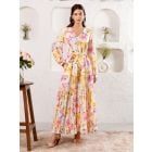 White Pink Hand Block Printed Cotton Dress with Belt