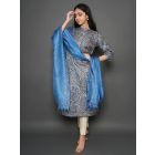 Blue Hand Block Printed Tussar Silk Kurta with Dupatta- Set of 2