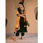 Olive Green Embroidered Velvet Kurta with Pants- Set of 2