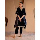 Navy Blue Embroidered Velvet Kaftan with Pants- Set of 2