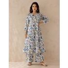 White Blue Printed Cotton Kurta with Palazzo- Set of 2