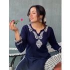 Navy Blue Embroidered Cotton Blend Kurta with Pants - Set of 2