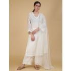 Off White Lace Work Chanderi Mul Suit- Set of 3