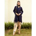 Navy Blue Hand Embroidered Modal Silk Suit - Set of 3