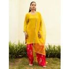 Yellow Hand Embroidered Modal Silk Suit - Set of 3