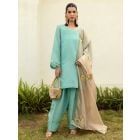 Turquoise Hand Embroidered Modal Silk Suit - Set of 3