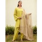 Lime Green Hand Embroidered Modal Silk Suit - Set of 3
