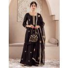 Black Hand Embroiderd Muslin Silk Sharara Suit - Set of 3