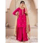 Pink Hand Embroiderd Muslin Silk Sharara Suit - Set of 3