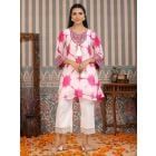 White Pink Shibori Dyed Organza Tunic with Pants - Set of 2