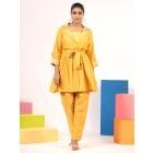 Yellow Printed Muslin Tunic with Belt and Pants - Set of 2