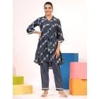 Grey Printed Muslin Tunic with Belt and Pants - Set of 2
