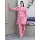 Pink White Printed Cotton Tunic with Pants - Set of 2