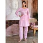 Pink Embroidered Cotton Lurex Tunic with Pants - Set of 2