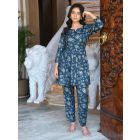 Blue Grey Printed Cotton Tunic with Pants - Set of 2