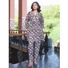 Brown White Printed Cotton Tunic with Pants - Set of 2