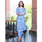 White Blue Printed Cotton Kurta with Pants - Set of 2