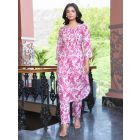 White Pink Printed Cotton Kurta with Pants - Set of 2