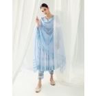 Blue Embroidered Net Anarkali Suit- Set of 3