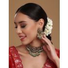 Gold Toned Green Handcrafted Brass Necklace with Earrings - Set of 2