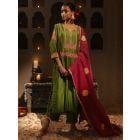 Mehendi Green Aari Embroidered Chanderi Suit - Set of 3