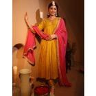 Mustard Yellow Aari Embroidered Chanderi Suit - Set of 3