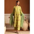 Lime Green Embroidered Chanderi Mul Suit- Set of 3