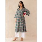 Blue Printed Cotton Kurta with Pants- Set of 2
