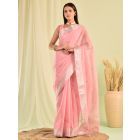 Pink Zardozi Work Linen Tissue Saree