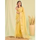Yellow Zardozi Work Linen Tissue Saree