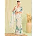 White Blue Printed Cotton Linen Saree