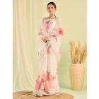 White Pink Printed Cotton Linen Saree