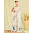 White Printed Cotton Linen Saree