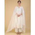 Off White Lace Work Chanderi Mul Suit- Set of 3
